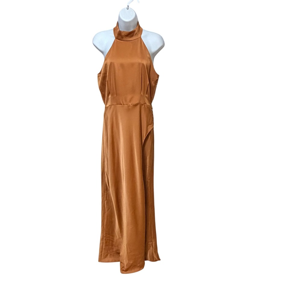 WAYF Women Copper Satin Halter Maxi Dress High Slit Button Detail Size S
